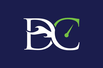 A stylized dc logo on a blue background