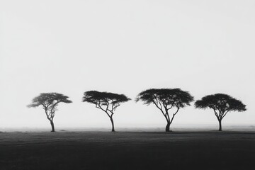 Silhouetted trees stand against a foggy backdrop, creating a serene landscape at dawn