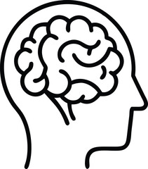 Outline illustration of head with brain inside, mind concept, line art style