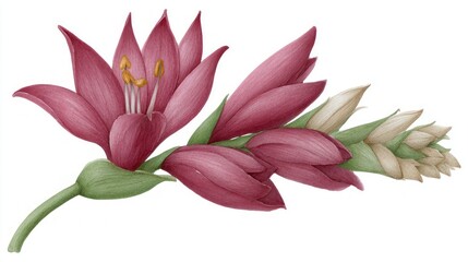 Fototapeta premium Detailed illustration of a blooming pink flower with closed buds and green leaves on a white background