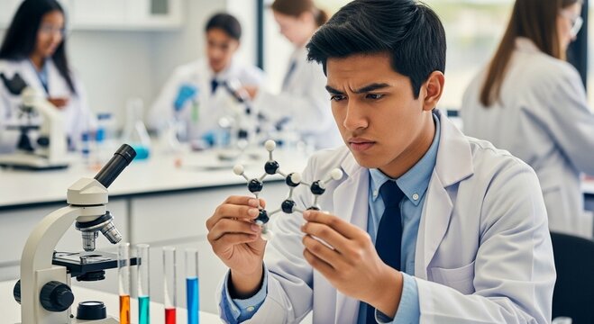Young scientist is examining a molecule model in the laboratory - Powered by Adobe