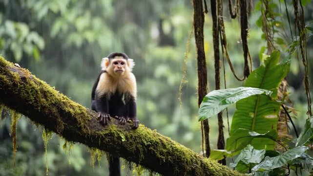 A white-faced capuchin monkey perched on a mossy branch in a lush rainforest