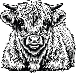 Highland cow illustration with detailed fur and horns rendered in ink