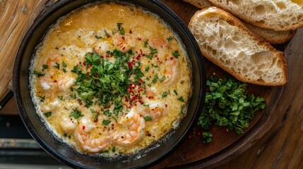 Shrimp dish with creamy sauce in pan and bread