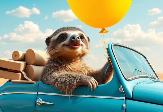 Fototapeta Smiling sloth in blue vintage car, yellow balloon, whimsical clouds,  vector,  vintage