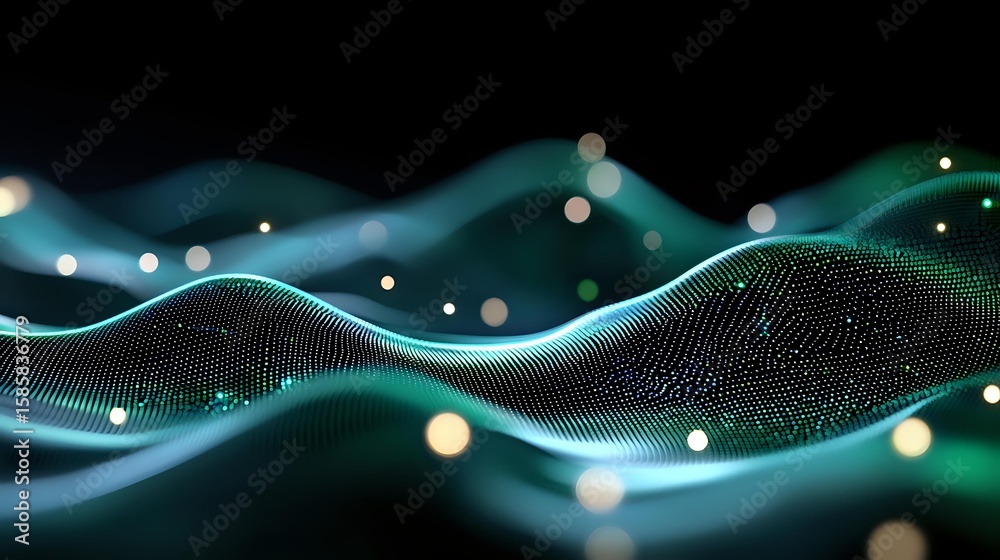 Poster abstract digital wave pattern with glowing turquoise particles flowing in smooth curves against dark