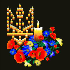 Coat of arms of Ukraine candles and flowers on a black background. Vector illustration