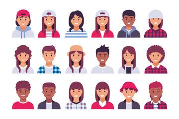 Diverse Young Adults Avatars: Collection of 20 diverse young adult avatars representing various ethnicities, hairstyles, and fashion styles. Perfect for website design, social media, and mobile apps.