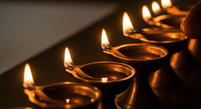Golden lamps ablaze, casting a warm glow, illuminating the darkness, a serene and peaceful ambiance, symbolizing hope and spiritual enlightenment.