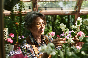 Beautiful senior woman tending to vibrant flowers in a serene garden environment