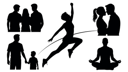 People silhouettes in various activities including running meditating and family bonding moments
