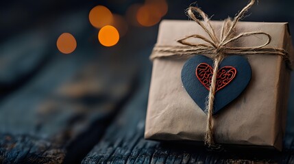 Gift box wrapped in craft paper with twine bow and decorative blue heart ornament with red pattern against dark background with bokeh lights.