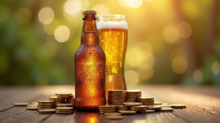 Enjoying craft beer with golden coins outdoor garden beverage photography warm evening close-up shot