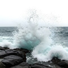 A powerful wave crashing against the rugged coastal rocks, creating a dynamic display of nature's force. The water surges and sprays in a beautiful, mesmerizing manner.