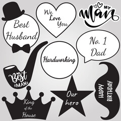 Happy Father's Day doodle set with hand-written lettering and elements. Cute typography design collection for poster, paper decor, banner, tie bow, hat, mustaches and tobacco pipe. Vector illustration