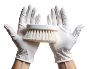 White Rubber Gloves Holding a Scrubbing Brush for Deep Cleaning, Isolated.