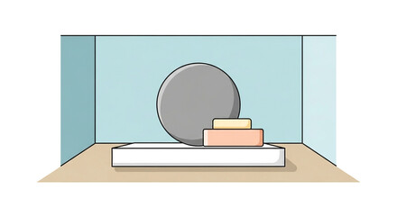 Conceptual geometric illustration featuring stacked rectangular blocks and a large circular shape, thoughtfully arranged within a serene, minimalist display space