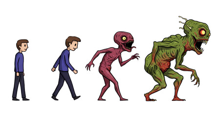 Evolutionary transformation of a human into a monstrous creature, depicting stages of grotesque mutation