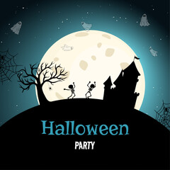 Happy halloween party poster banner with big light moon and Halloween characters skeleton dancing around