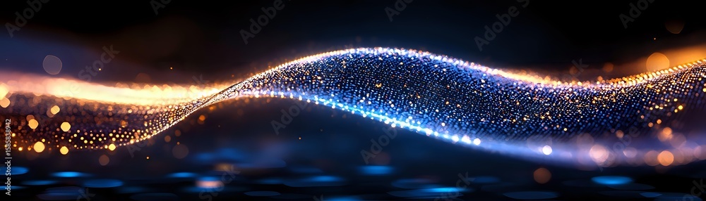 Poster glowing wave of light particles flowing on dark background with sparkling bokeh effect and luminous 