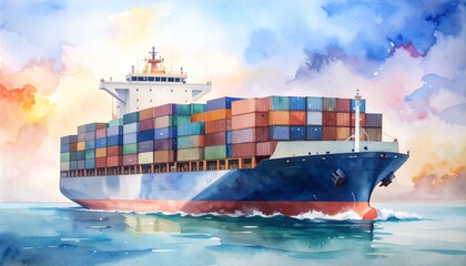 Fototapeta premium Shipping Container Freight Logistics Dockside Concept. Container ship sailing through calm waters in a watercolor style.