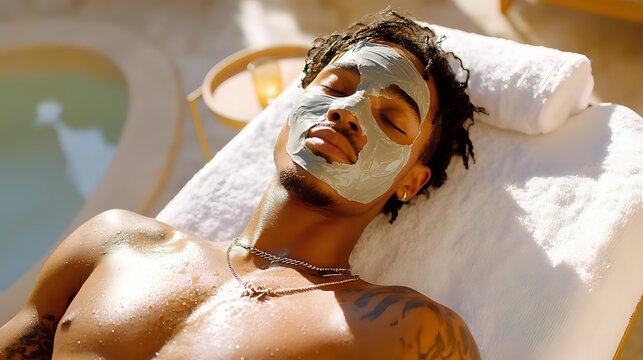 Young African American man relaxing at spa with green clay facial mask treatment, lying on white towel during skincare procedure at wellness center.