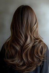 Naklejka premium Back view of long wavy brown hair with subtle balayage highlights showing professional salon styling result, demonstrating modern hair coloring technique and healthy shine.