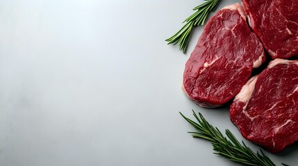 Fresh raw beef tenderloin steaks with rosemary sprigs on light gray stone background, copy space for menu design and food photography.