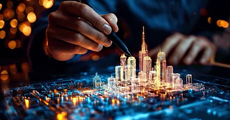 An architect brings architectural designs to life with 3D holographic construction models. The concept of innovation in architecture and futuristic design. Generative Ai. - Powered by Adobe