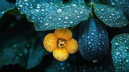 Close-up of a vibrant yellow flower, glistening with dew drops, amidst dark green leaves and a fruit