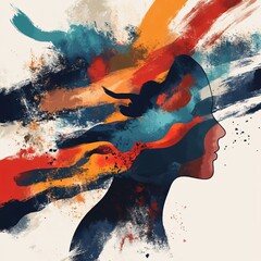 Artistic expression of emotions through abstract portraiture creative studio digital artwork vibrant color palette side profile view concept of inner thoughts