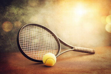 Vintage Tennis Racket and Ball on Clay Court with Warm Faded Tones