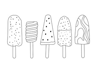 Set of ice cream on a stick vector illustration. Continuous one line drawing of ice cream stick.Icecream outline vector illustration. Editable stroke.