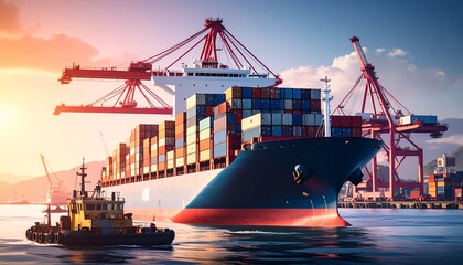 Fototapeta premium Shipping Container Freight Logistics Dockside Concept. Cargo ship at port with containers and tugboat in sunset lighting.