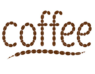 Coffee word written with coffee beans on transparent background.