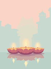 Diwali - stylized lotus candle arrangement on mirrored surface in blush pink, gold, mint, and gray