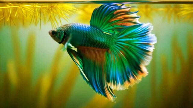 Green betta fish is spreading its fins