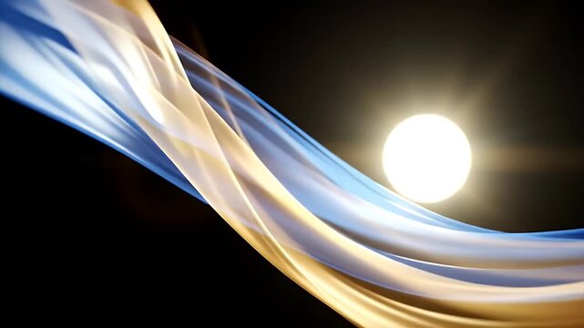 Abstract Gold and Blue Ribbon Waves with Luminous Sphere on Dark Backdrop Adobe Stock Photo
