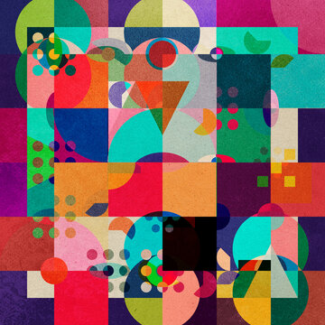 Explosive Chromatic Geometry. Bold semicircles, triangles, and color blocks collide in a vibrant abstract grid. A festive, layered composition with high visual energy and retro-modern vibes.