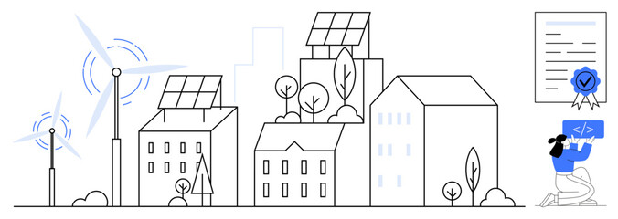 Fototapeta premium Solar panels on rooftops, wind turbines generate power, greenery among buildings. Certificate highlights innovation. Person coding technology. Ideal for sustainability, technology, renewable energy