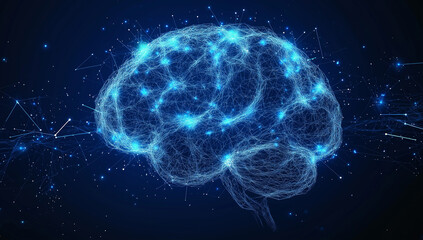 Glowing Digital Brain Network On Dark Background: Futuristic Visualization Of Neural Connections And Artificial Intelligence In Blue Light
