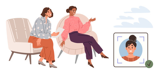 Two women seated and engaging in conversation, accompanied by a screened profile image and backdrop. Ideal for teamwork, technology, social connection, recruitment, identity verification, diversity