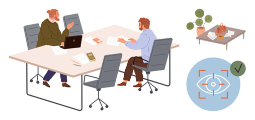 Two people talking around a shared workspace with books, laptop, and papers. Nearby table with decor. Eye icon with focus signifies attention, productivity, and collaboration. Ideal for teamwork
