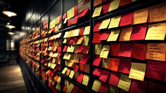 Colorful sticky notes cover a wall in a modern workspace, showcasing ideas and brainstorming efforts