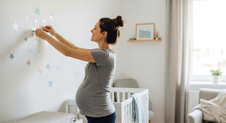 Pregnant woman decorating nursery.