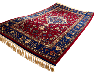 - Flying Magic Carpet with Ornate Gold Trim and Tassels, Side View in Mid-Air, Isolated on Transparent Background.