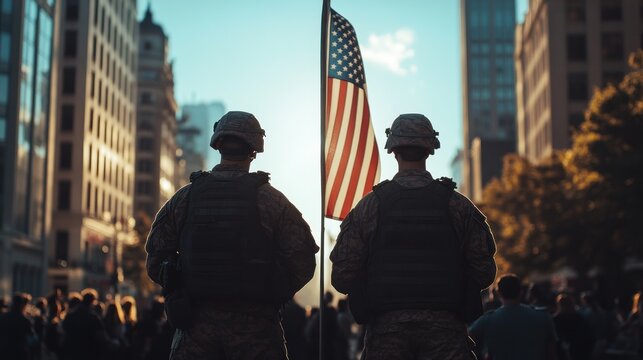 American Soldiers Stand Guard in City Street, American Flag Background