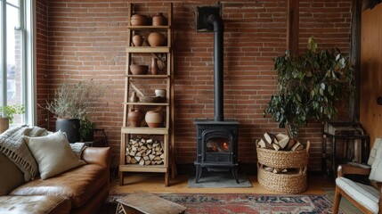 Cozy living room with brick walls and wood burning stove