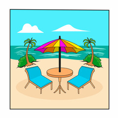 A colorful vector graphic illustration of a beach scene with an umbrella, two lounge chairs, palm trees, and ocean waves in the background. Perfect for summer, vacation, or tropical relaxation concept