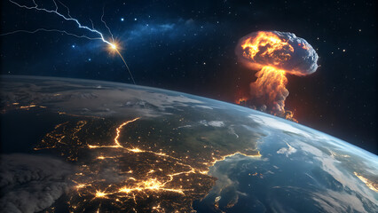 A devastating nuclear explosion illuminates the earth, forming a mushroom cloud in space, representing global destruction and the potential for an apocalyptic future